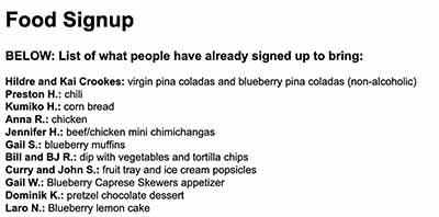 food signup list