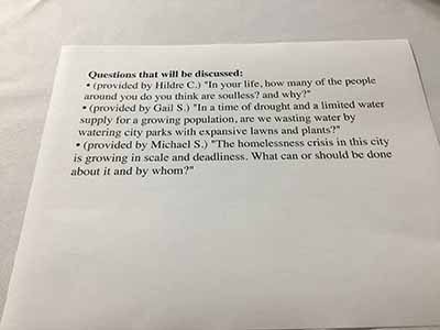 questions discussed at Socratic potluck dinner