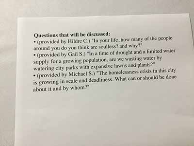 questions discussed at Socratic potluck dinner