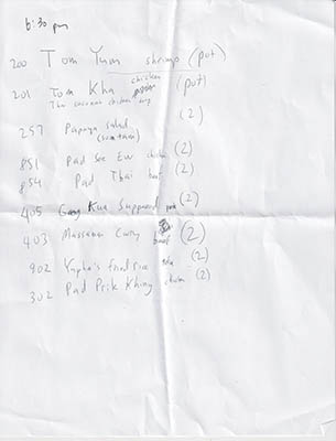 handwritten order for Thai food feast