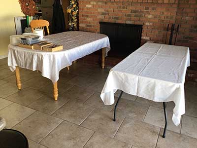 food serving tables, before food arrives