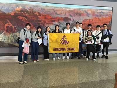 Japanese students arriving at airport in Phoenix, Arizona