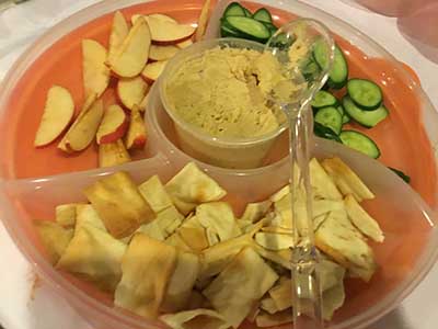 apple slices, cucumbers, pita bread, hummus