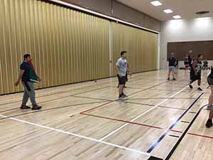 neighbors gather to play indoor volleyball