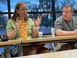 Tempe area neighbors at book club meeting in Tempe Public Library discussing the novel Hamnet